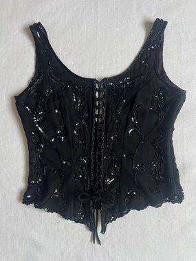 Black beaded & sequined corset bustier top lace up front Italy vintage 90s Sz 6